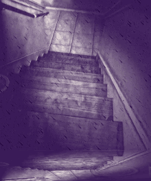 a picture of a staircase with a purple background and a reflection of a person