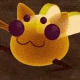a close up of a cartoon character with purple eyes on a black background .
