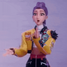 a cartoon girl with purple hair is wearing a yellow jacket and black jeans .