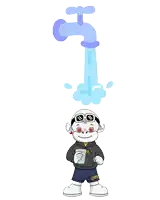 a cartoon of a boy holding a bottle of water with a water faucet coming out of it