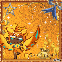 a cookie with wings is holding a sword and says good night .
