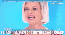 a woman is laughing with the words " la parola pazza " written below her