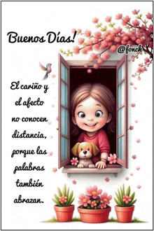 a cartoon of a girl with a dog looking out of a window with the words buenos dias written above her