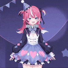a girl with pink hair is wearing a clown costume and a party hat