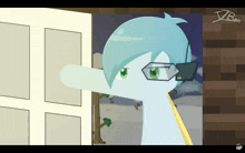 a cartoon character with glasses is standing in front of a door