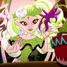a monster high character is standing next to a potted plant that has the letter m on it