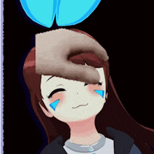 a cartoon girl with tears on her cheeks and a hand on her head