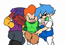 three cartoon characters are standing next to each other with one holding a condom in his mouth