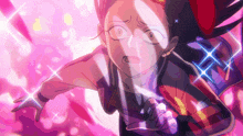 a girl in a purple and red outfit is surrounded by pink sparkles