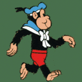 a cartoon monkey wearing a blue hat and red shorts is walking