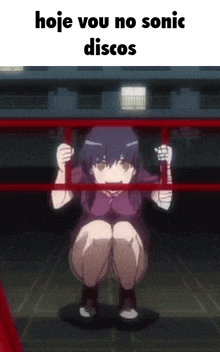 a girl is sitting on a swing with the words " hoje vou no sonic discos " on the bottom