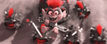 a troll with red hair is holding a rock guitar