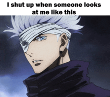 a picture of a man with a bandage on his eye and the caption " i shut up when someone looks at me like this