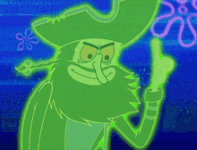 a green cartoon character with a beard and hat is pointing