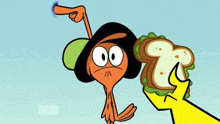 a cartoon character holding a piece of bread with a sub logo on the bottom right