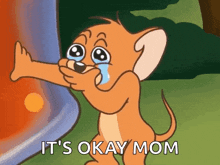 jerry from tom and jerry is crying with the words it 's okay mom behind him