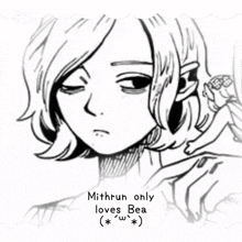a black and white drawing of a person with the words mithrun only loves bea