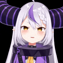 a close up of a girl with horns and a purple stripe on her hair