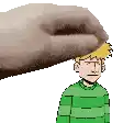 a cartoon of a man in a green sweater being slapped on the head by a hand .