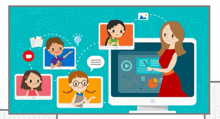 an illustration of a teacher teaching a group of children on a computer screen