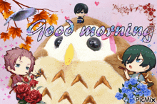 a picture of a stuffed owl with the words good morning written on it