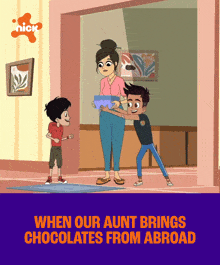 a cartoon of a woman holding a bowl of food with the words when our aunt brings chocolates from abroad on the bottom