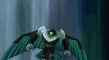 a robot with green wings is flying in the air .