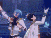 two anime characters are standing next to each other with their arms up in the air .