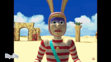 a cartoon character is wearing a striped shirt and a pink hat with a blue strap