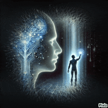 a man is standing in front of a glowing head that looks like a computer circuit board