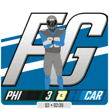 a football player is standing in front of a large fg logo