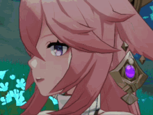 a close up of a girl 's face with pink hair and blue eyes