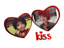 a couple of hearts with the word kiss in the middle