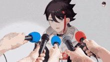 a group of people are holding microphones in front of a picture of a girl with the letter b on her shirt