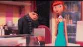 a woman in a blue dress is standing next to a man in a black coat