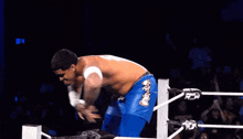 a wrestler wearing blue shorts with the word fox on the side