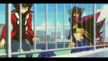 a couple of anime characters are behind bars and one of them has the number 9 on their jacket