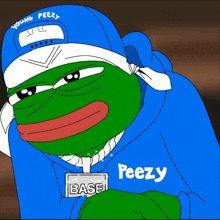 a cartoon of a frog wearing a blue hoodie that says peezy