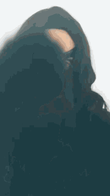a woman with long black hair is standing in front of a white background and covering her face with her hair .