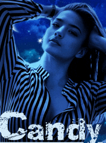 a woman in a striped shirt with the word candy on the bottom right