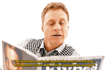 a man is reading a newspaper with the words " a convoluted, meandering plot that ends in a whimper " on it