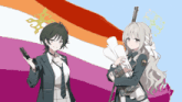 two anime girls are holding guns in front of a rainbow flag