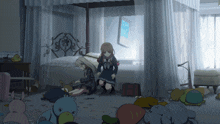 two girls are sitting under a canopy bed in a room with stuffed animals