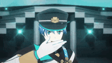 a cartoon character with blue hair and a hat that says ' harley davidson '