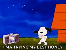 snoopy is dancing in front of a boombox and a house .