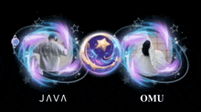 a man and a woman are surrounded by purple and blue swirls and the words java and omu