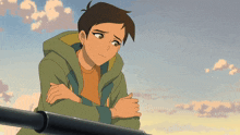 a cartoon character with a green jacket and a brown shirt is leaning against a railing