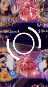a purple background with a white circle and a triangle with the word queen on it