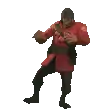 a pixel art of a man in a red shirt dancing on one leg .