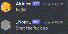 a screenshot of a chat with ahalice and nope